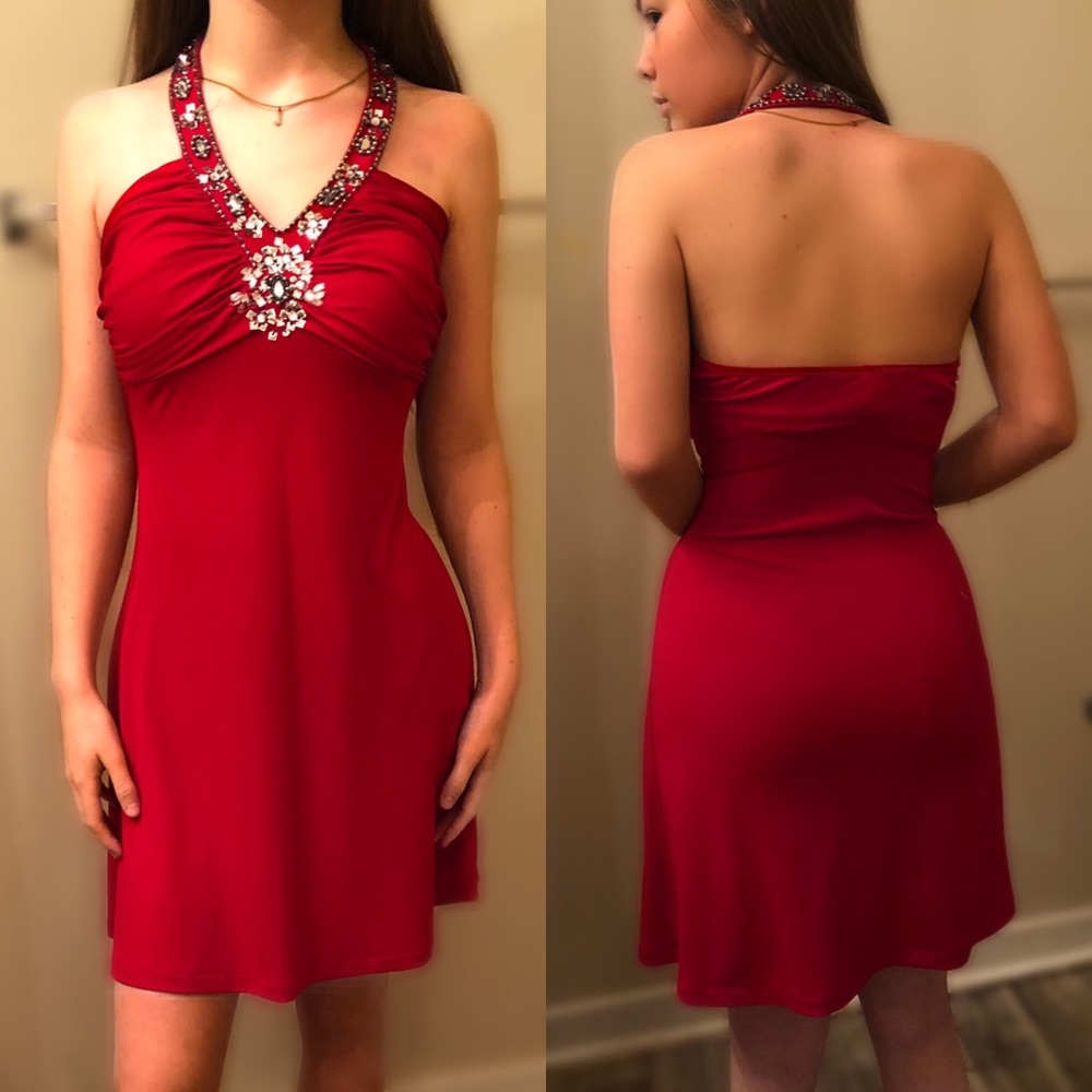 Red Halter Prom / Formal Dress with Rhinestones
